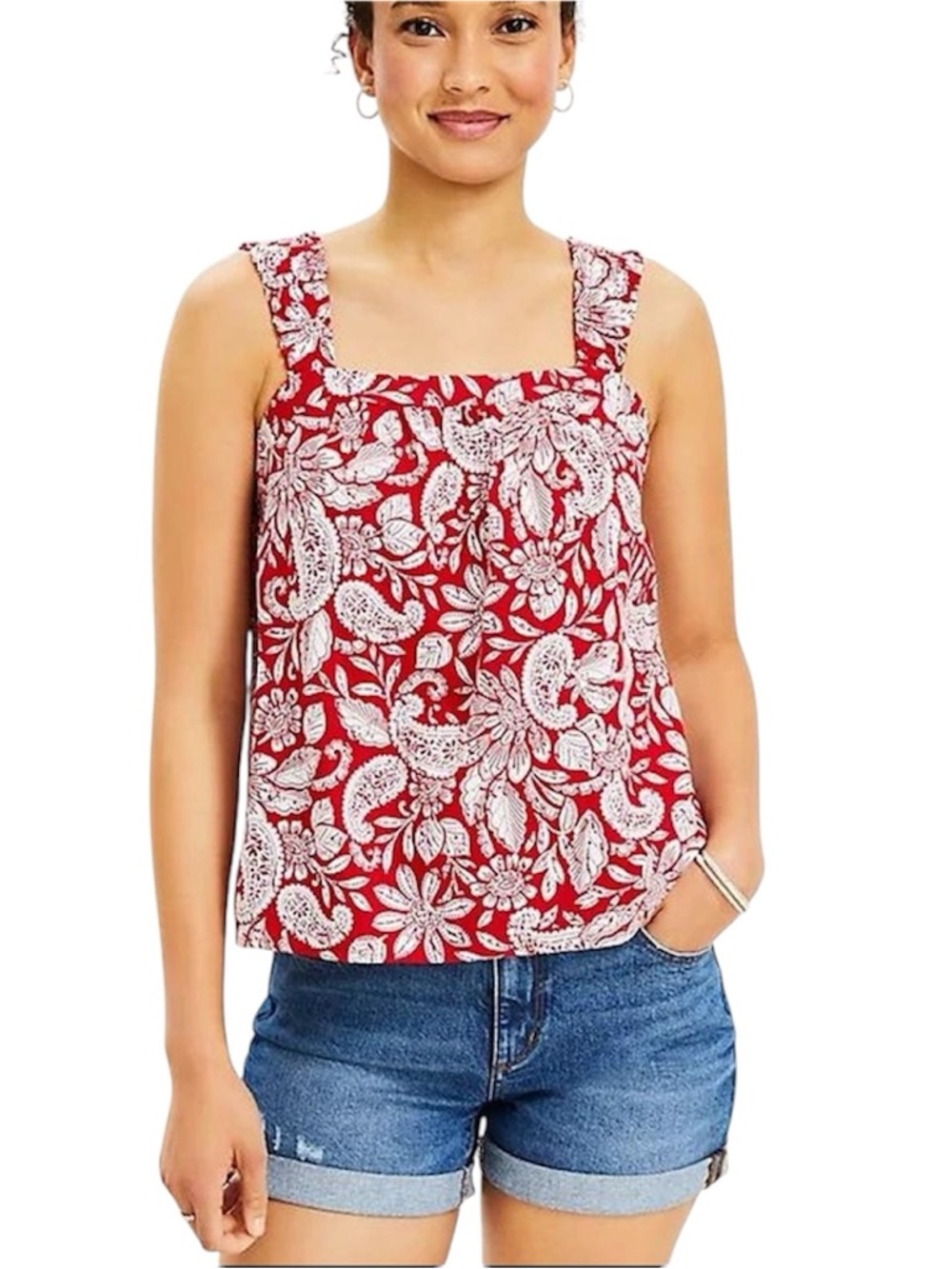 Loft Red & White Floral Square-Neck Ruffle Strap Boho Flowy Sleeveless Tank Top